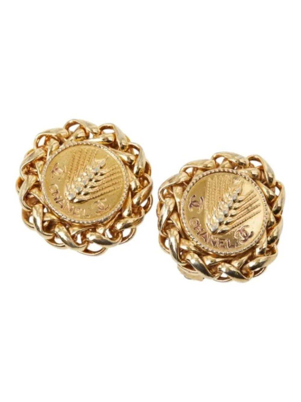 Chanel CC Logo Rice Motif Earrings Ear Clip Gold Plated